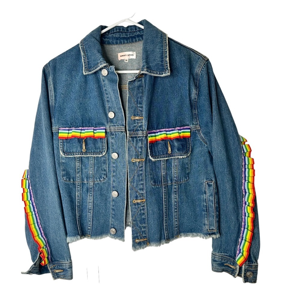 Sunset & Spring Bloomingdales Rainbow Ruffle Denim Jacket XS